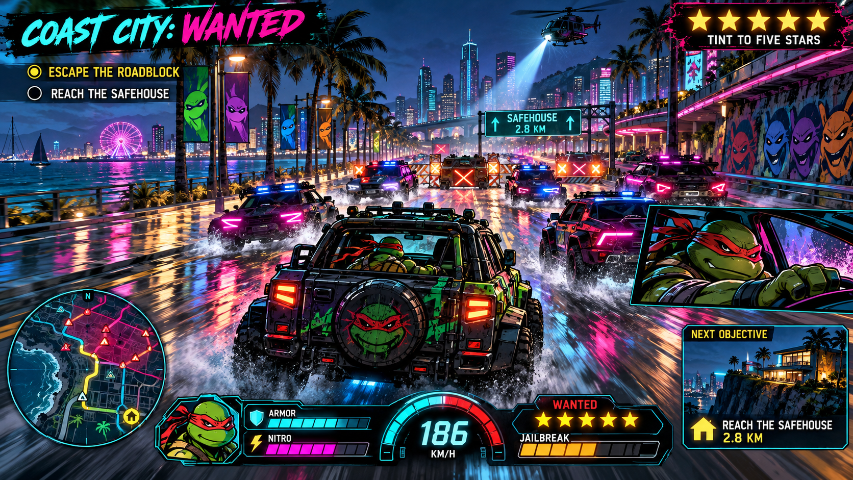 A fictional neon coastal driving game with a five-star wanted HUD
